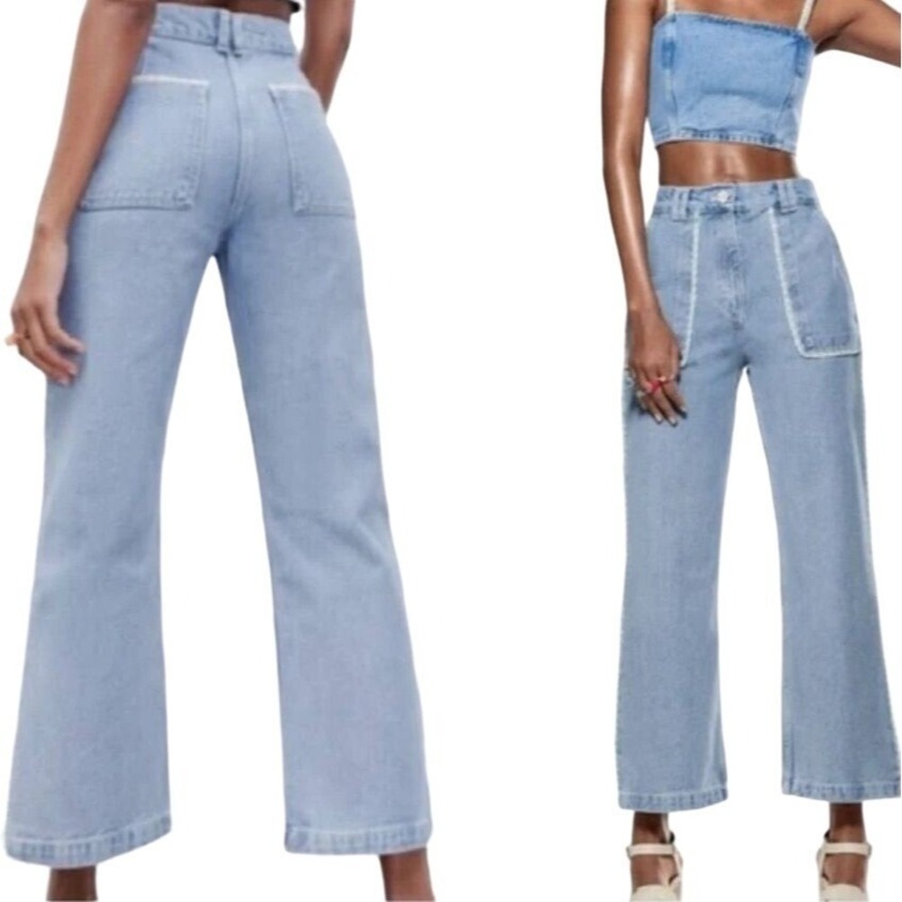 Zara Jeans Womens 4 Tweed Trim Light Wash Hi Rise Wide Leg Cropped Flower Button - Picture 3 of 14